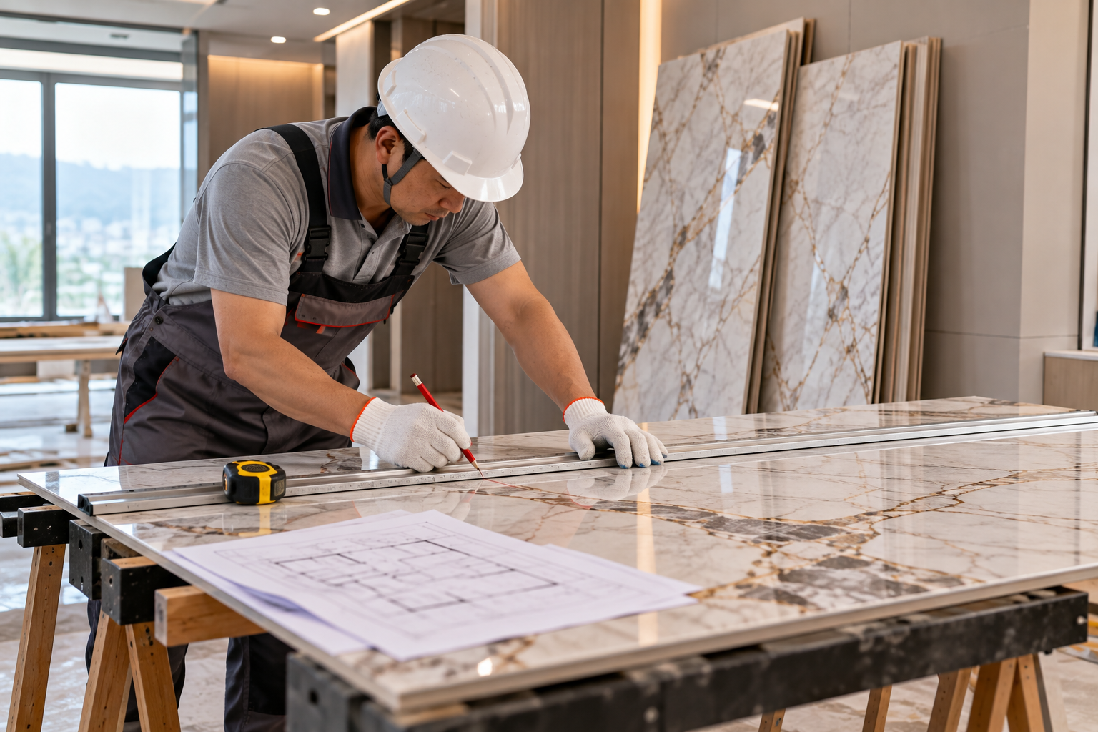 Measuring a wall panel before installation