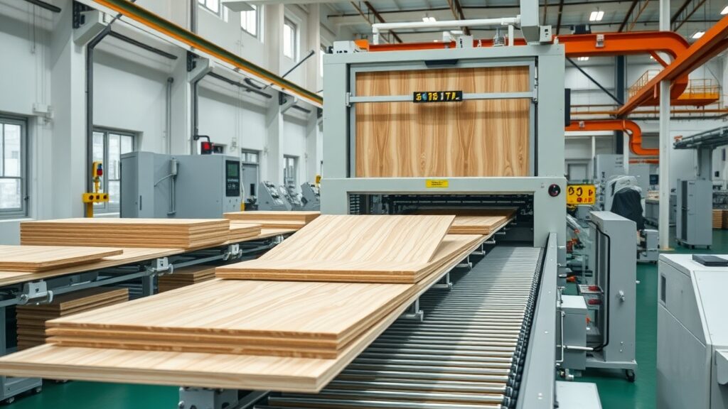Automated production line laminating wood acoustic wall panels in a factory.