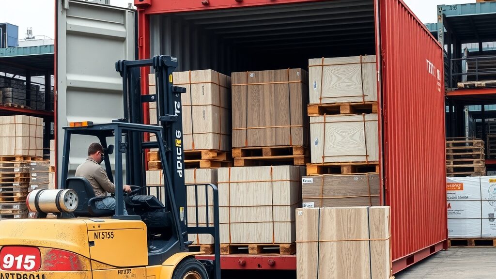 Workers loading packaged decorative wall panels into a shipping container for export.