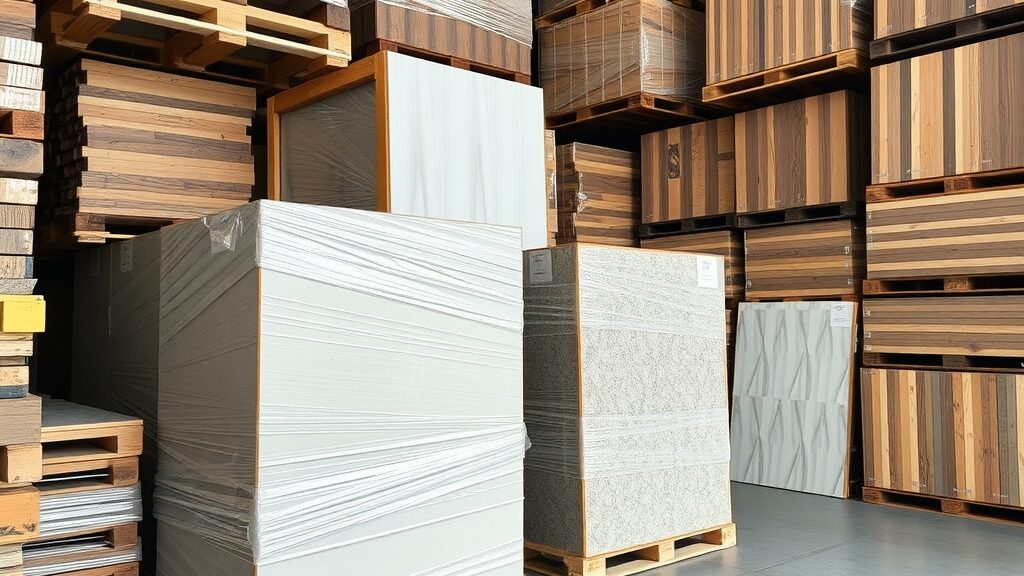 Export pallets of packaged wall panels stacked neatly in logistics warehouse