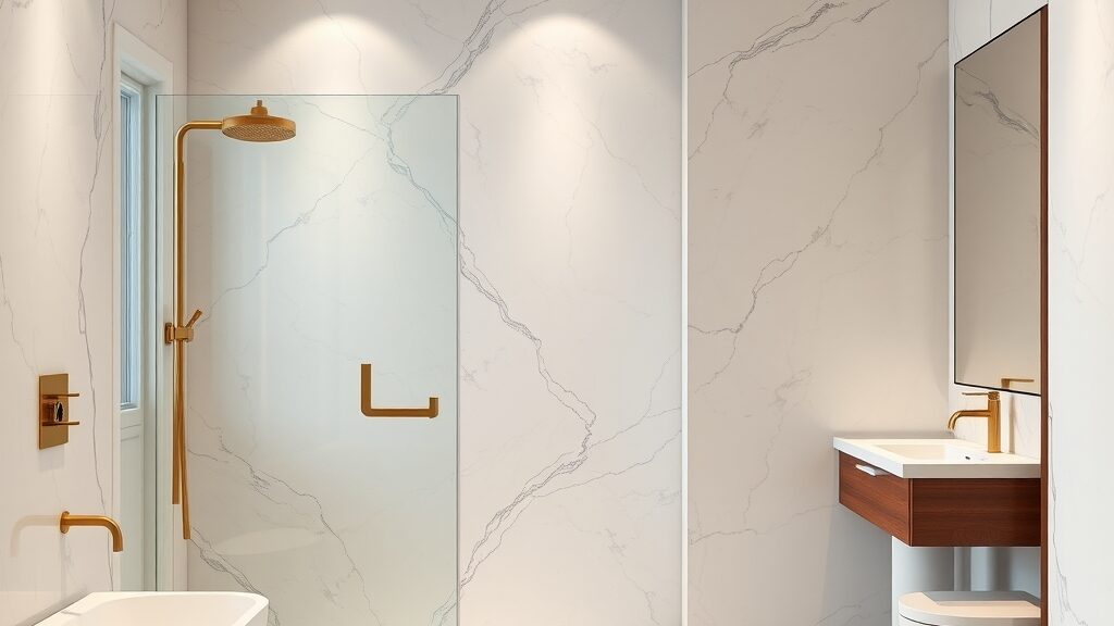 Luxury bathroom interior installation featuring waterproof composite wall panels